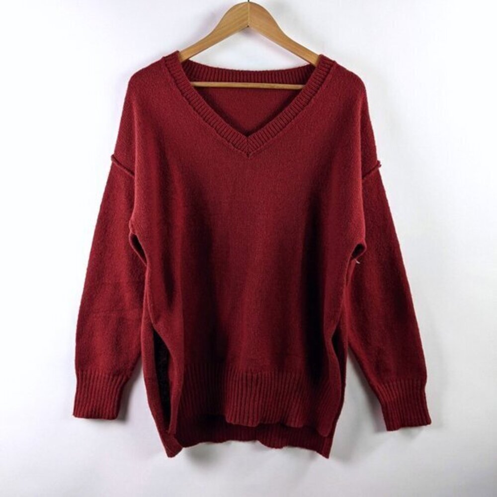 Nordstrom Size L Womens V-Neck Drop Shoulder Hi-Lo Hem Sweater Maroon Red
